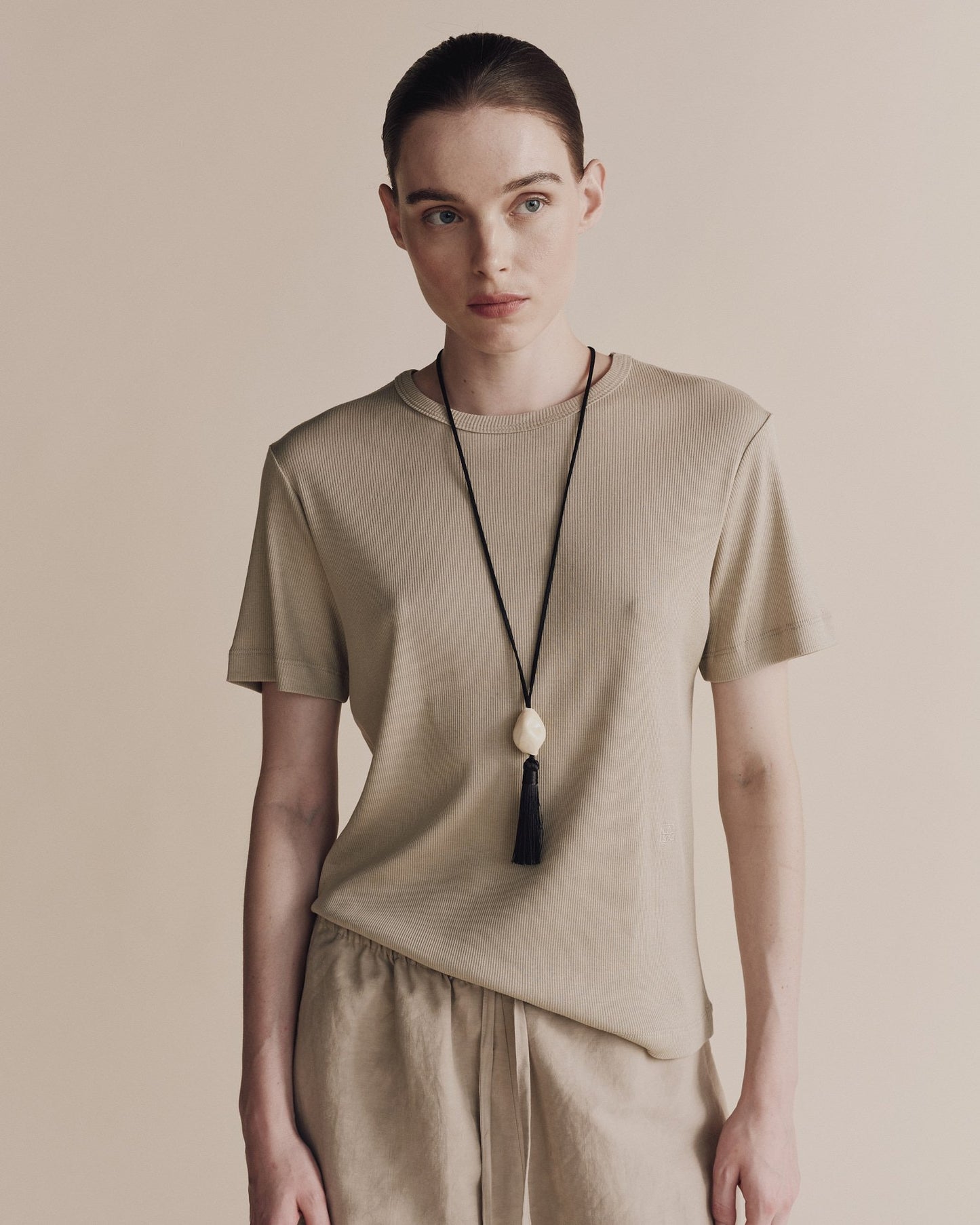 Mijeong Park Cotton Tencil Ribbed T-shirt Light Khaki