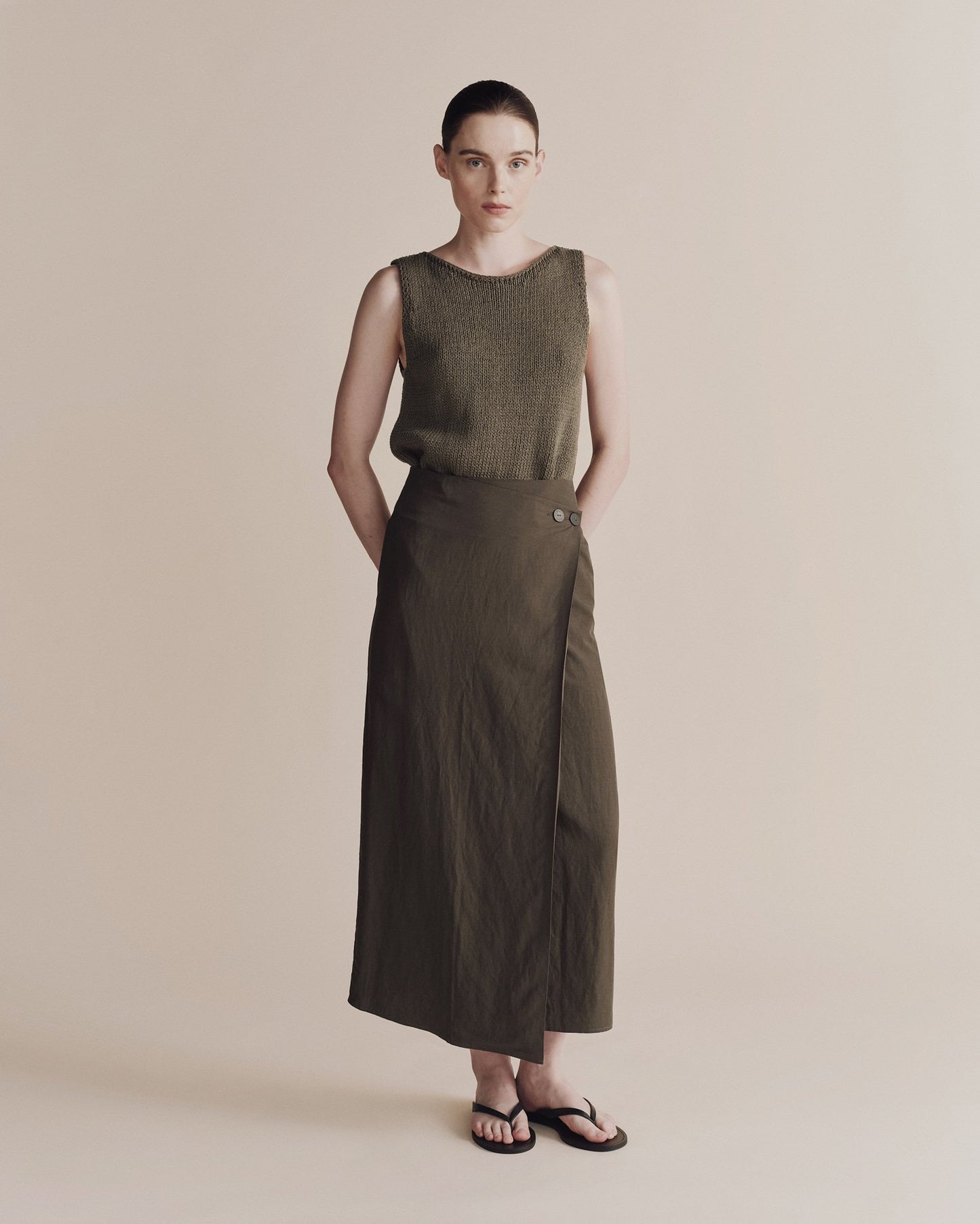 Mijeong Park Linen Blend Maxi Wrap Skirt Olive