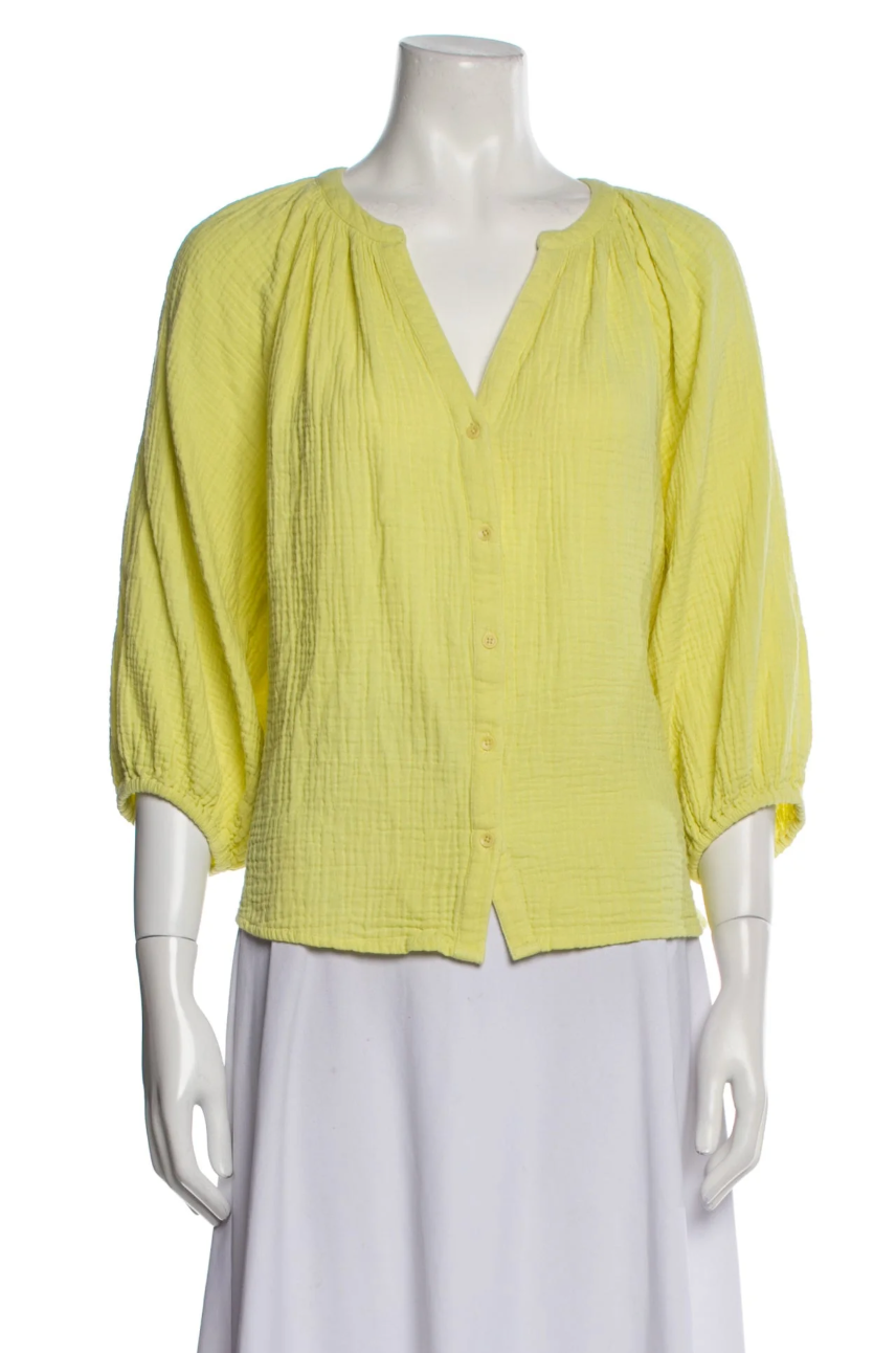 Apiece Apart Yellow Plunge Neckline Three-Quarter Sleeve Blouse